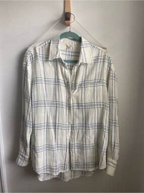 Faherty Dune Gauze Cream and Blue Plaid Button-Up Shirt